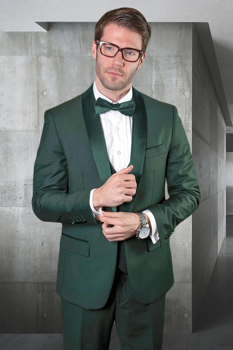 Green Prom Suit For Men - Men's Designer Wool One Button Shawl Lapel Wedding Hunter Green Tuxedo
