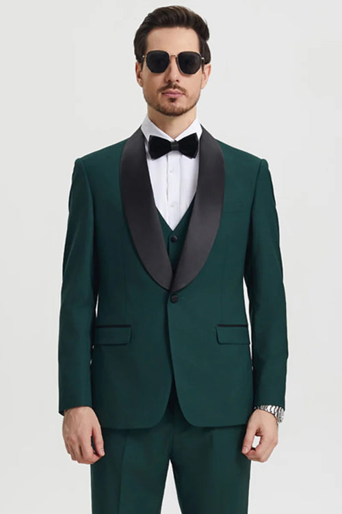 Green Prom Suit For Men - Men's Stacy Adams Vested One Button Shawl Lapel Designer Hunter Green Tuxedo