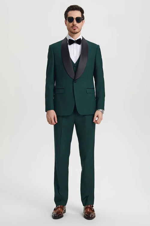 Green Prom Suit For Men - Men's Stacy Adams Vested One Button Shawl Lapel Designer Hunter Green Tuxedo