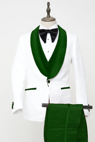 Green Prom Suit For Men - Men's Vested White Paisley Wedding & Prom Hunter Green Tuxedo