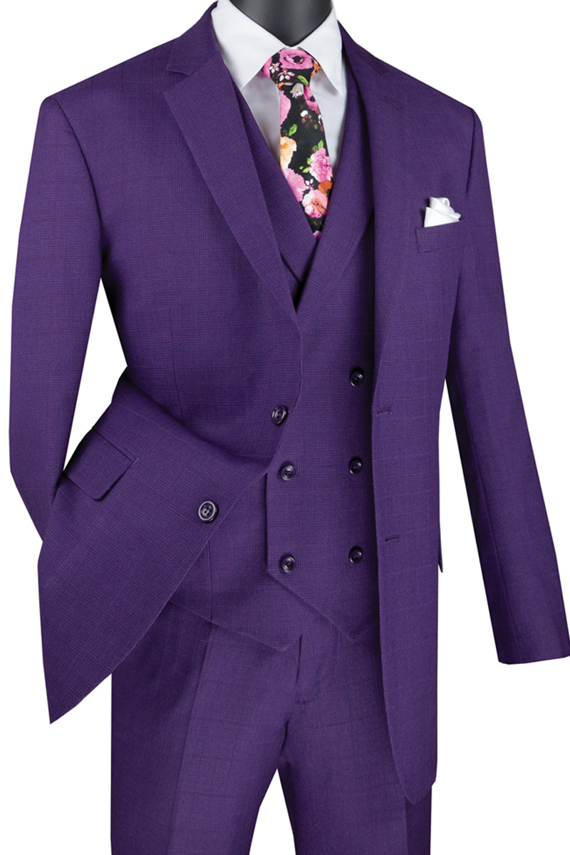 Mens Purple Plaid Double Breasted Vest Suit