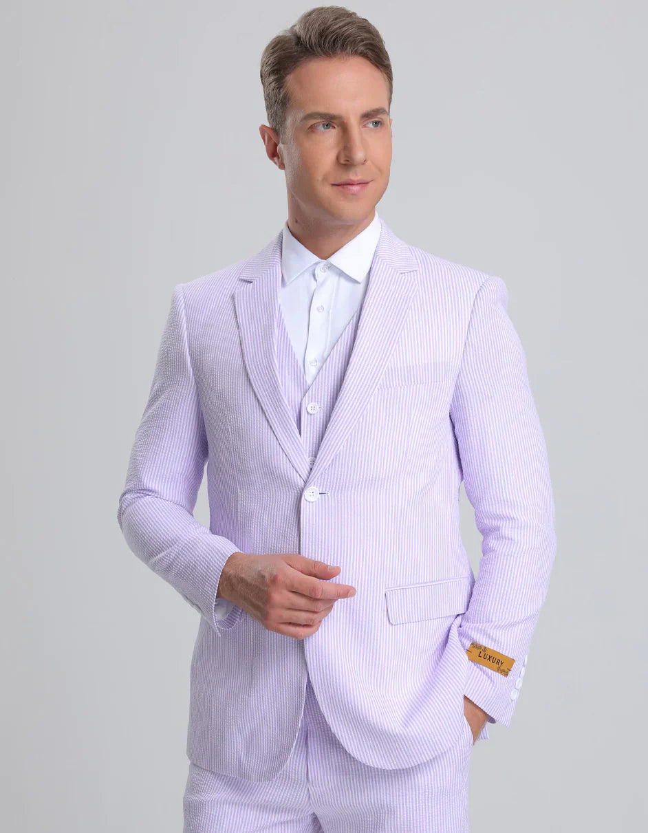 Kentucky Derby Seersucker Suits For Men - Big and Tall Seersucker Suit Mens Vested Summer Seersucker Suit in Lavender Pinstripe – SuitUSA