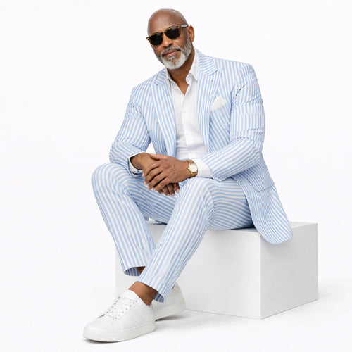 Mens Premium Cotton Seersucker Stripe Suit β Light Blue