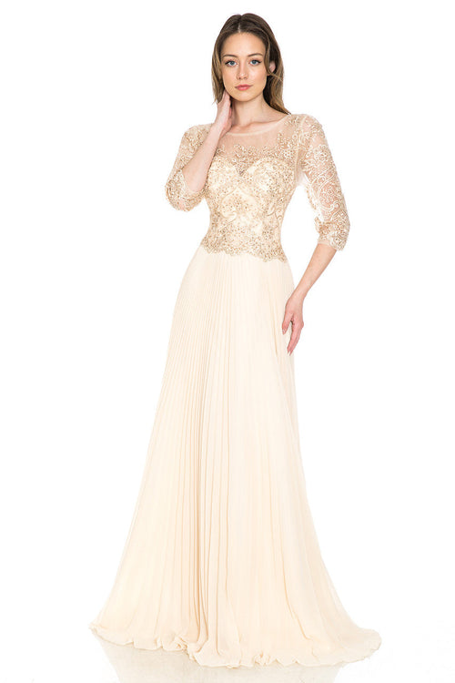 A-Line Gown with Beaded Lace Bodice and Pleated Skirt By Lenovia 8145