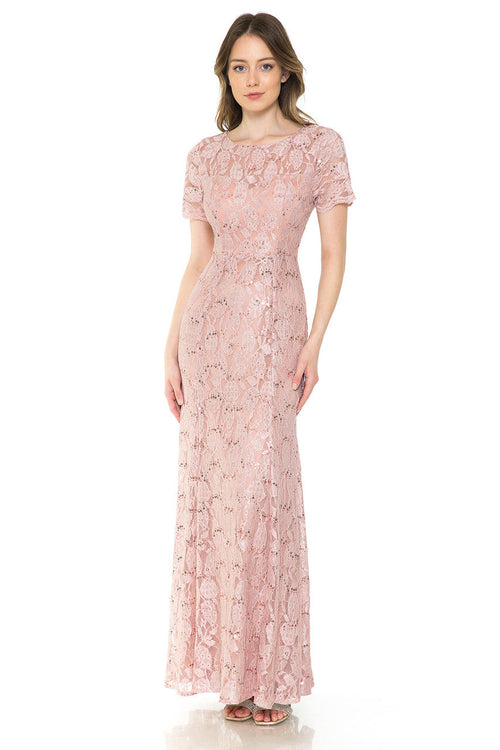 Lenovia 5241 Sequin Lace Illusion Short Sleeve Dress with Fitted Silhouette