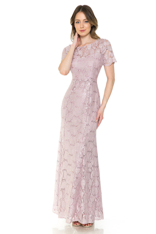 Lenovia 5241 Sequin Lace Illusion Short Sleeve Dress with Fitted Silhouette