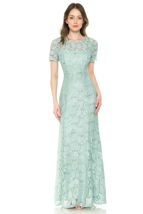 Lenovia 5241 Sequin Lace Illusion Short Sleeve Dress with Fitted Silhouette