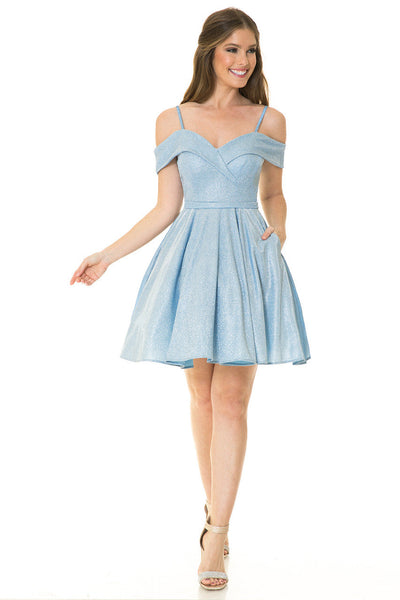 Lenovia 5228 Short Metallic Glitter Cold Shoulder A-Line Dress