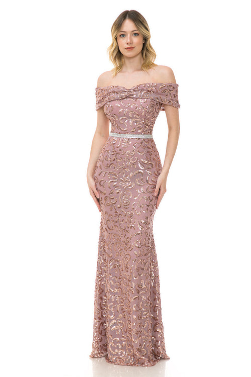 Lenovia 5210 Sequined Off-Shoulder Ruched Stretch Dress with Beaded Belt