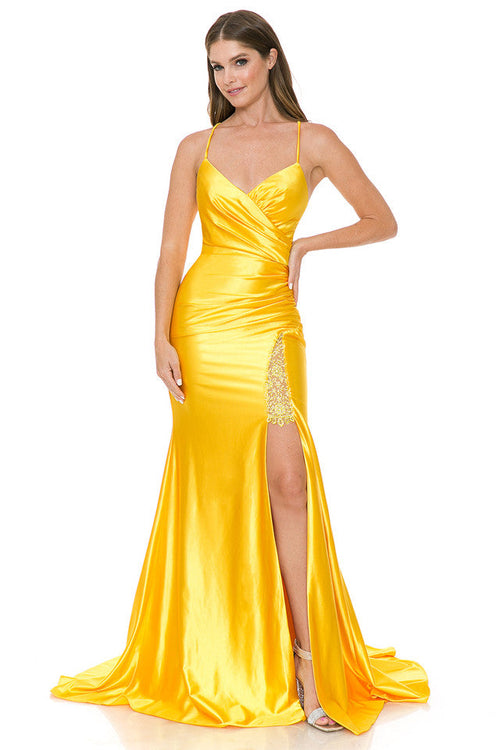 Satin Mermaid Gown with Crisscross Back and High Slit By Lenovia 8158