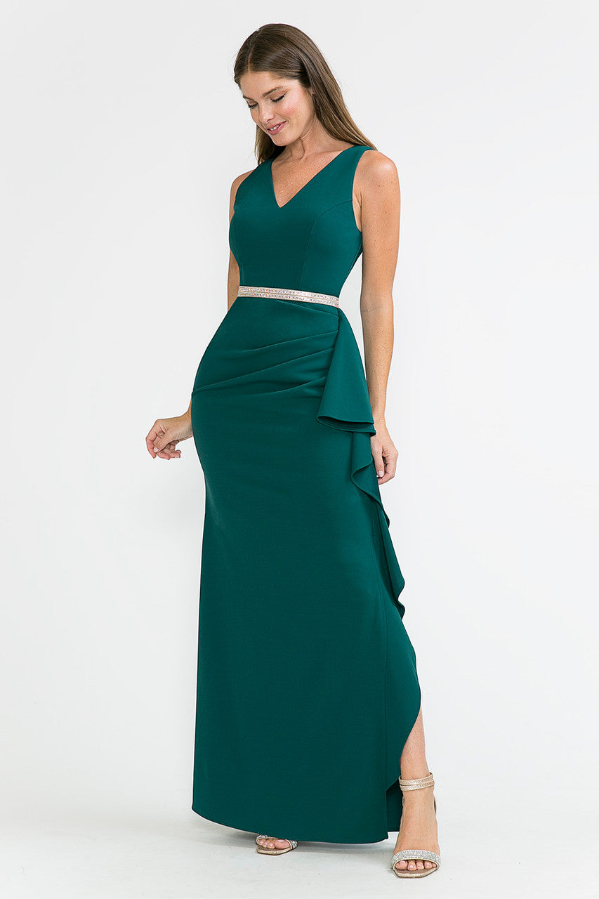Lenovia 5287 Sleek V-Neck Crepe Dress with Side Slit and Embellished Belt – SuitUSA