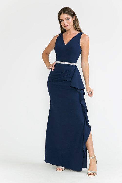 Lenovia 5287 Sleek V-Neck Crepe Dress with Side Slit and Embellished Belt