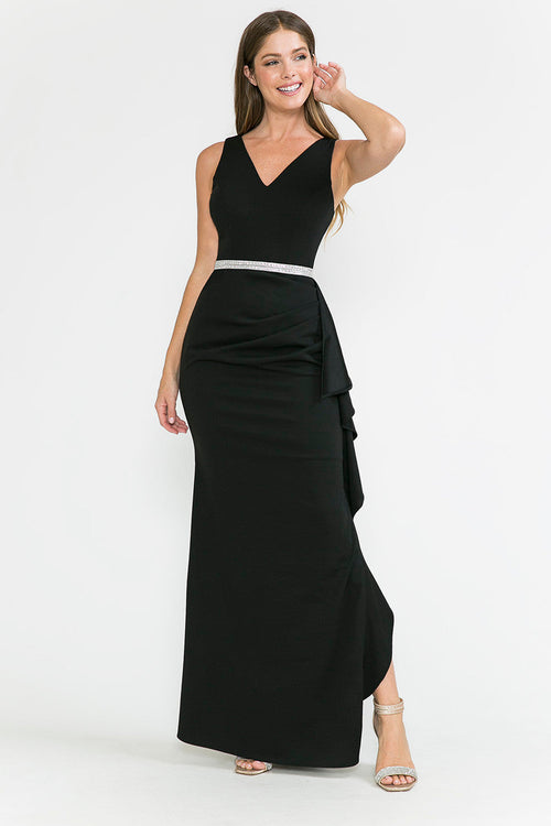 Lenovia 5287 Sleek V-Neck Crepe Dress with Side Slit and Embellished Belt