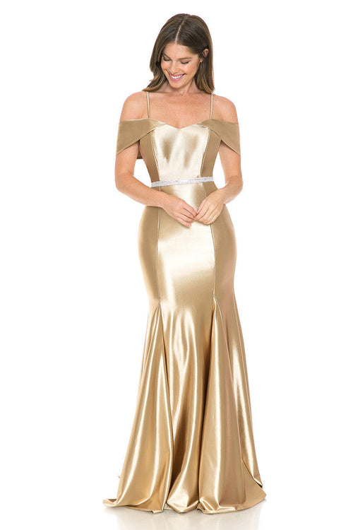 Lenovia 5244 Cold Shoulder Stretch Satin Dress with Beaded Belt