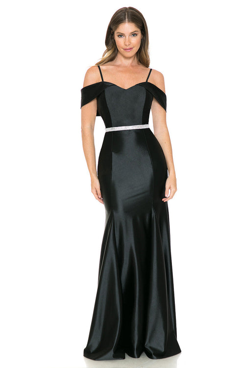 Lenovia 5244 Cold Shoulder Stretch Satin Dress with Beaded Belt