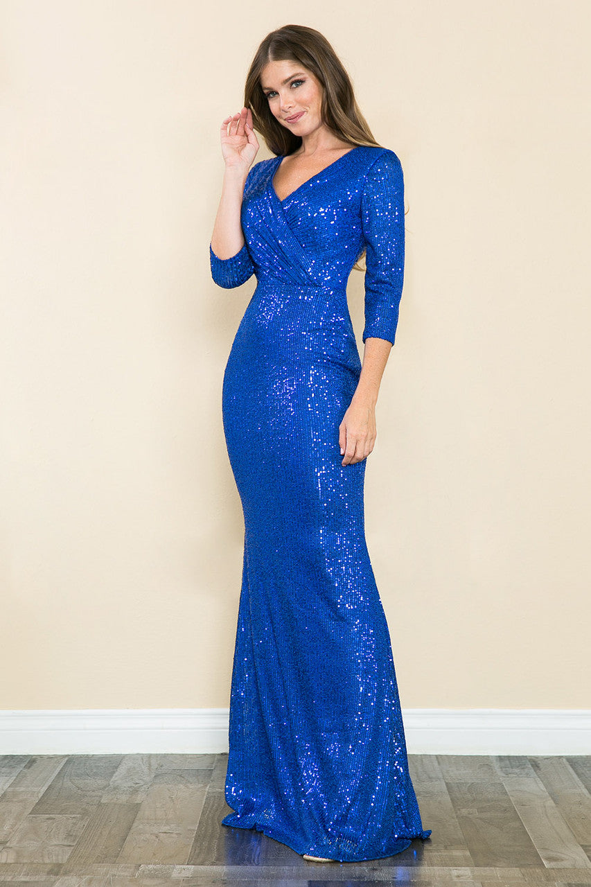 Sequin V-Neck Mermaid Evening Gown with 3/4 Sleeves Formal Dress By Lenovia 8186