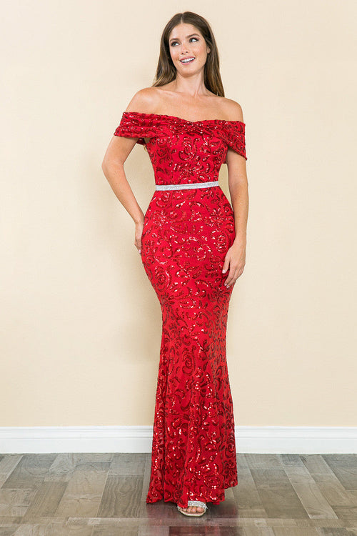 Lenovia 5210 Sequined Off-Shoulder Ruched Stretch Dress with Beaded Belt