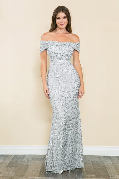 Lenovia 5210 Sequined Off-Shoulder Ruched Stretch Dress with Beaded Belt