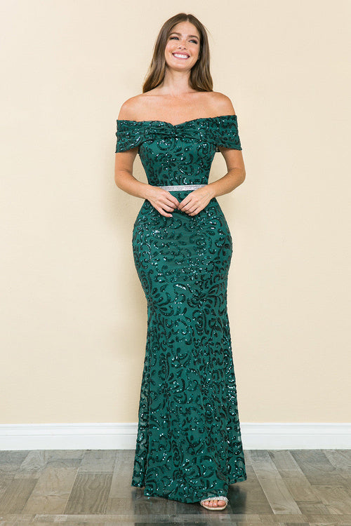 Lenovia 5210 Sequined Off-Shoulder Ruched Stretch Dress with Beaded Belt