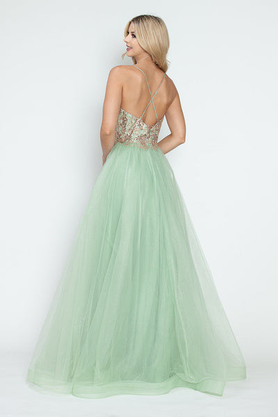 Sequin V-Neck A-Line Tulle Evening Gown with Lace Bodice Sleeveless Formal Prom Dress By Lenovia 8236