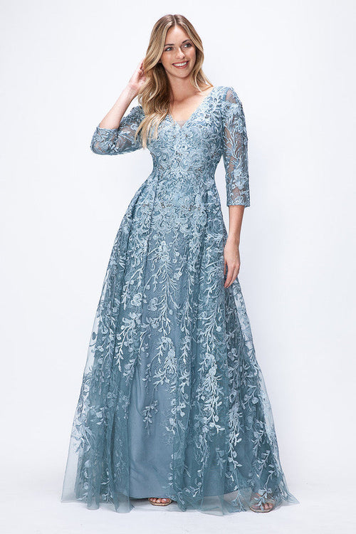 Embroidered A-Line Mother of the Bride Gown with Sheer 3/4 Sleeves By Lenovia 8356