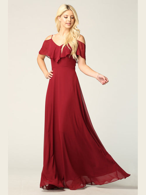 Cold Shoulder Chiffon Maxi Dress with Ruffle Overlay by Eva USA 3263