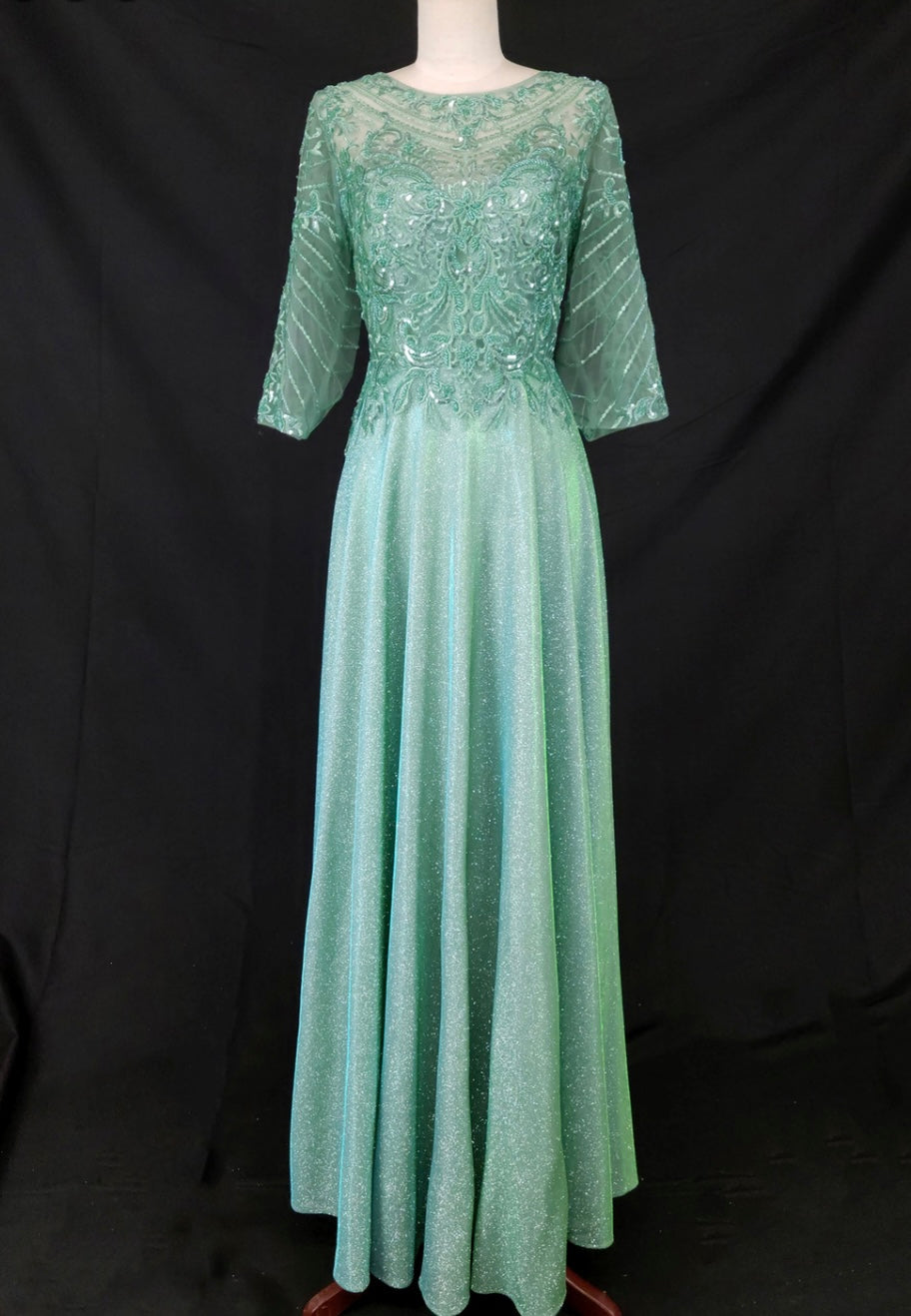 Chicas J052 Elegant Glitter Bridal Green A-Line Illusion Fabric Dress