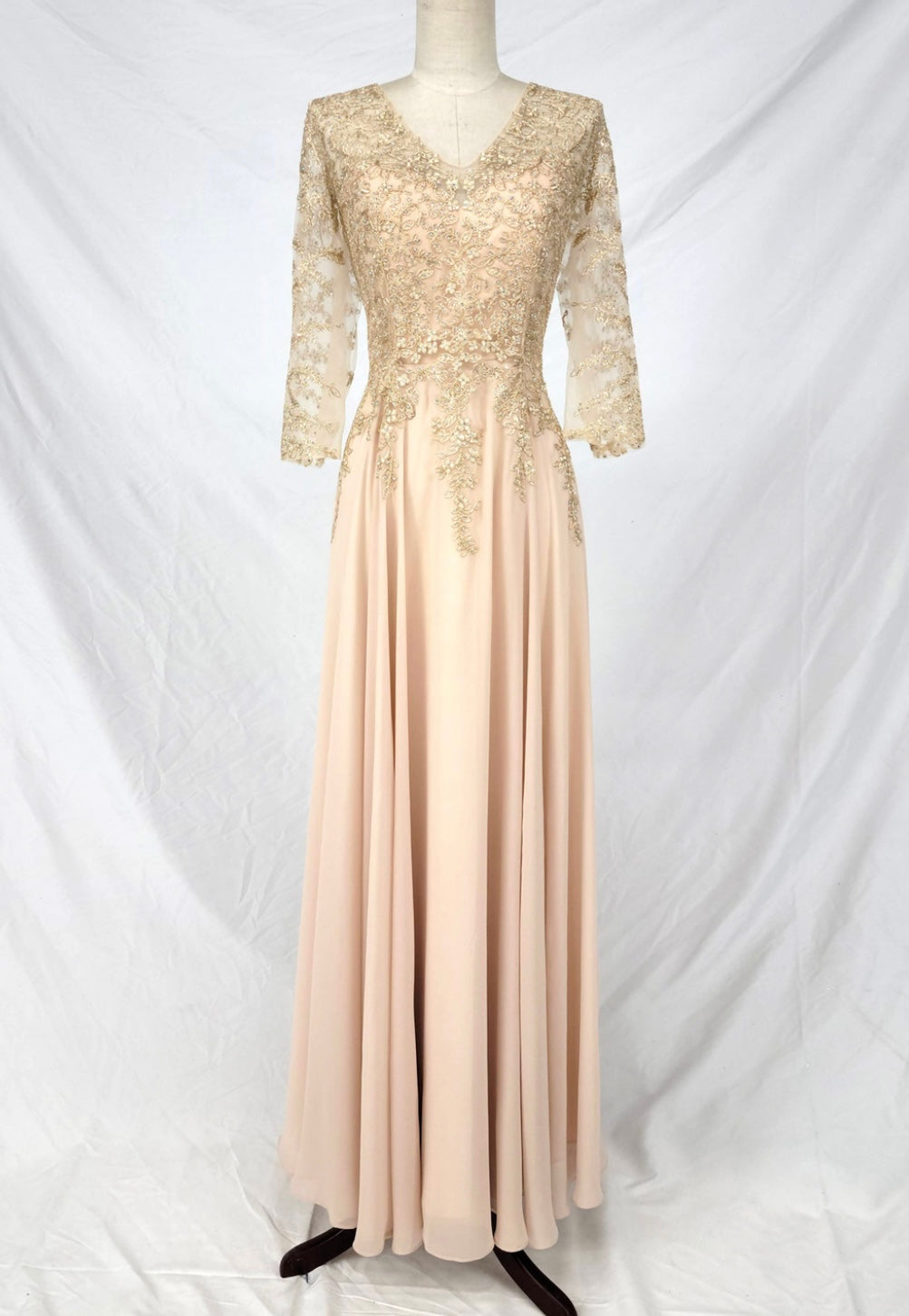 Chicas J070 Bridal Gold A-Line Floor-Length Sequin Embroidered Chiffon Dress
