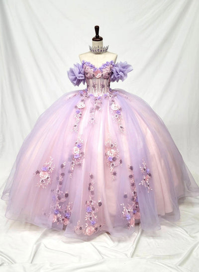 Chicas HF3127 Modern Printed Blush BallDress Floral Floor-Length Tulle Dress