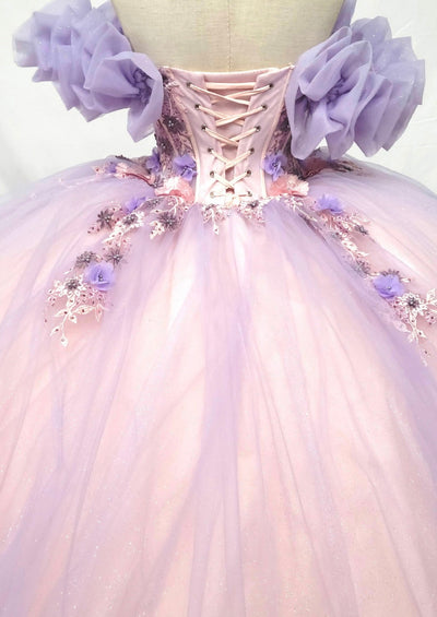Chicas HF3127 Modern Printed Blush BallDress Floral Floor-Length Tulle Dress