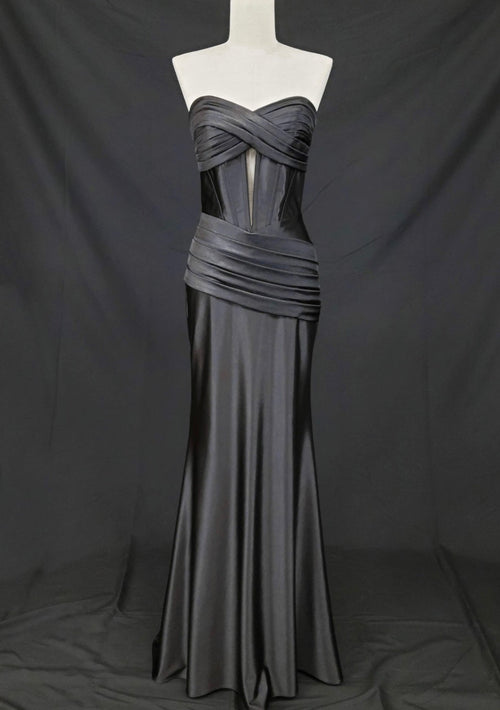 Chicas C373 Evening Black Strapless Floor-Length Pleated Satin Dress