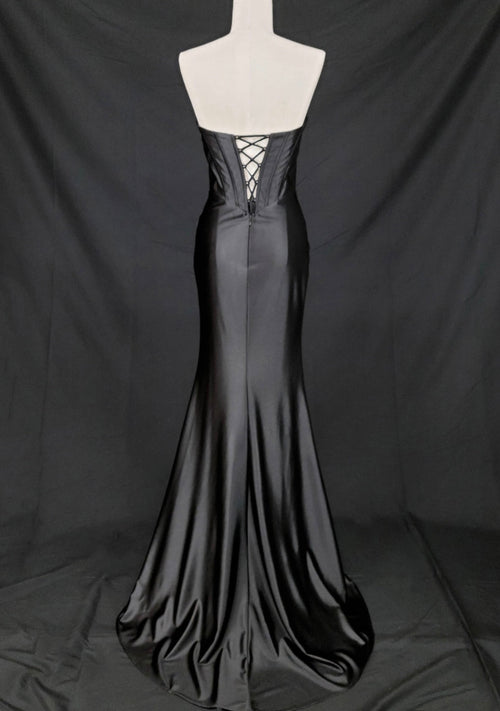 Chicas C373 Evening Black Strapless Floor-Length Pleated Satin Dress