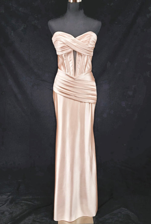 Chicas C373 Evening Black Strapless Floor-Length Pleated Satin Dress