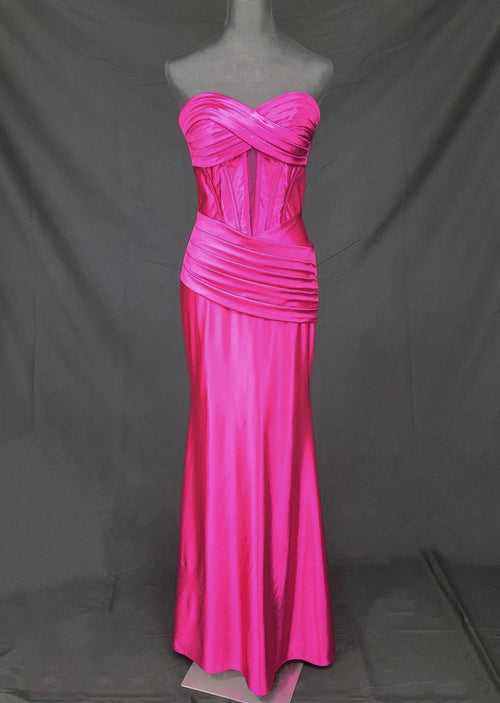 Chicas C373 Evening Black Strapless Floor-Length Pleated Satin Dress
