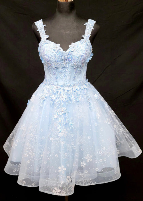 Chicas C372 Printed Formal Blue Floral Short Corset Tulle Dress