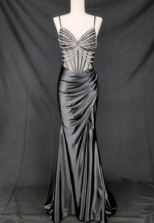 Chicas C374 Evening Black Spaghetti-Strap Floor-Length Corset Beaded Satin Dress