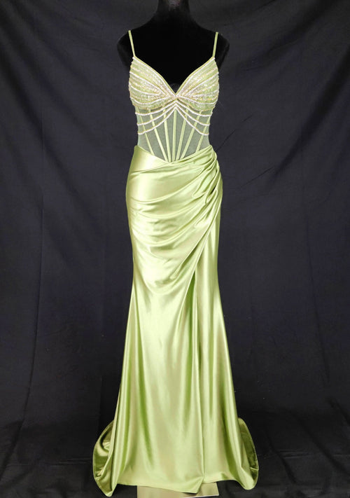 Chicas C374 Evening Black Spaghetti-Strap Floor-Length Corset Beaded Satin Dress