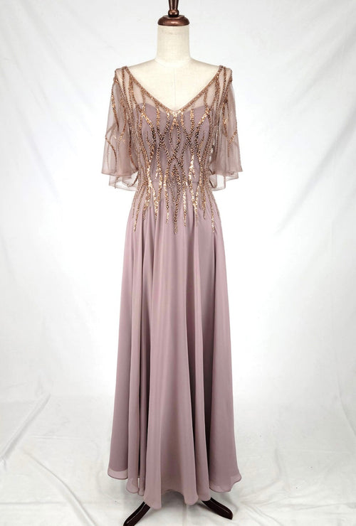 Chicas J064 Elegant Bridal Gold A-Line Floor-Length Sequin Chiffon Dress
