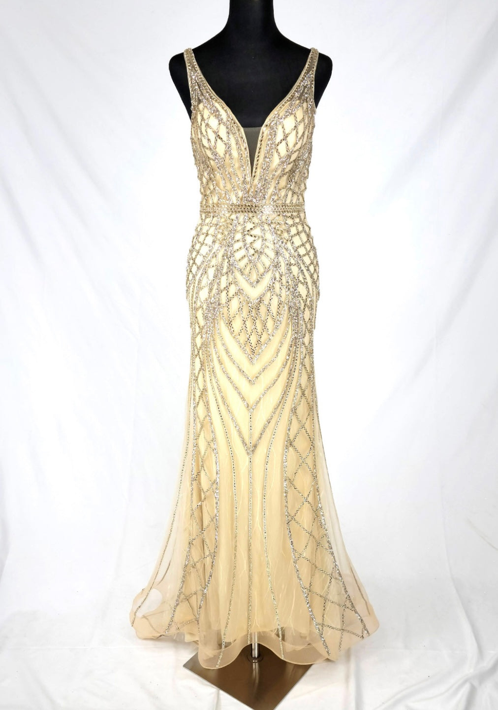 Chicas C830 Evening Silver Floor-Length Shimmer Strappy Mesh Dress