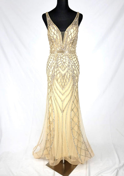 Chicas C830 Evening Silver Floor-Length Shimmer Strappy Mesh Dress