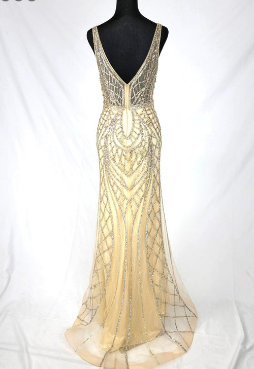 Chicas C830 Evening Silver Floor-Length Shimmer Strappy Mesh Dress