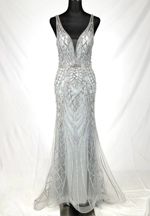 Chicas C830 Evening Silver Floor-Length Shimmer Strappy Mesh Dress