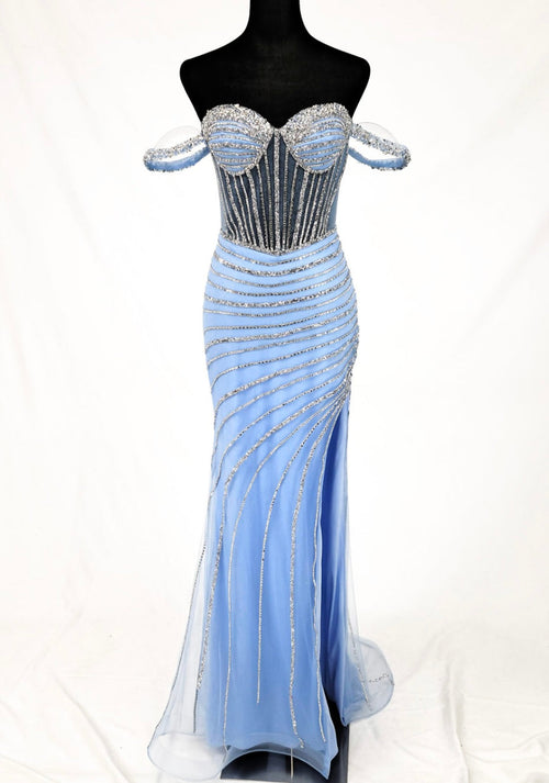Chicas C836 Evening Blue Sweetheart Floor-Length Corset Fabric Dress