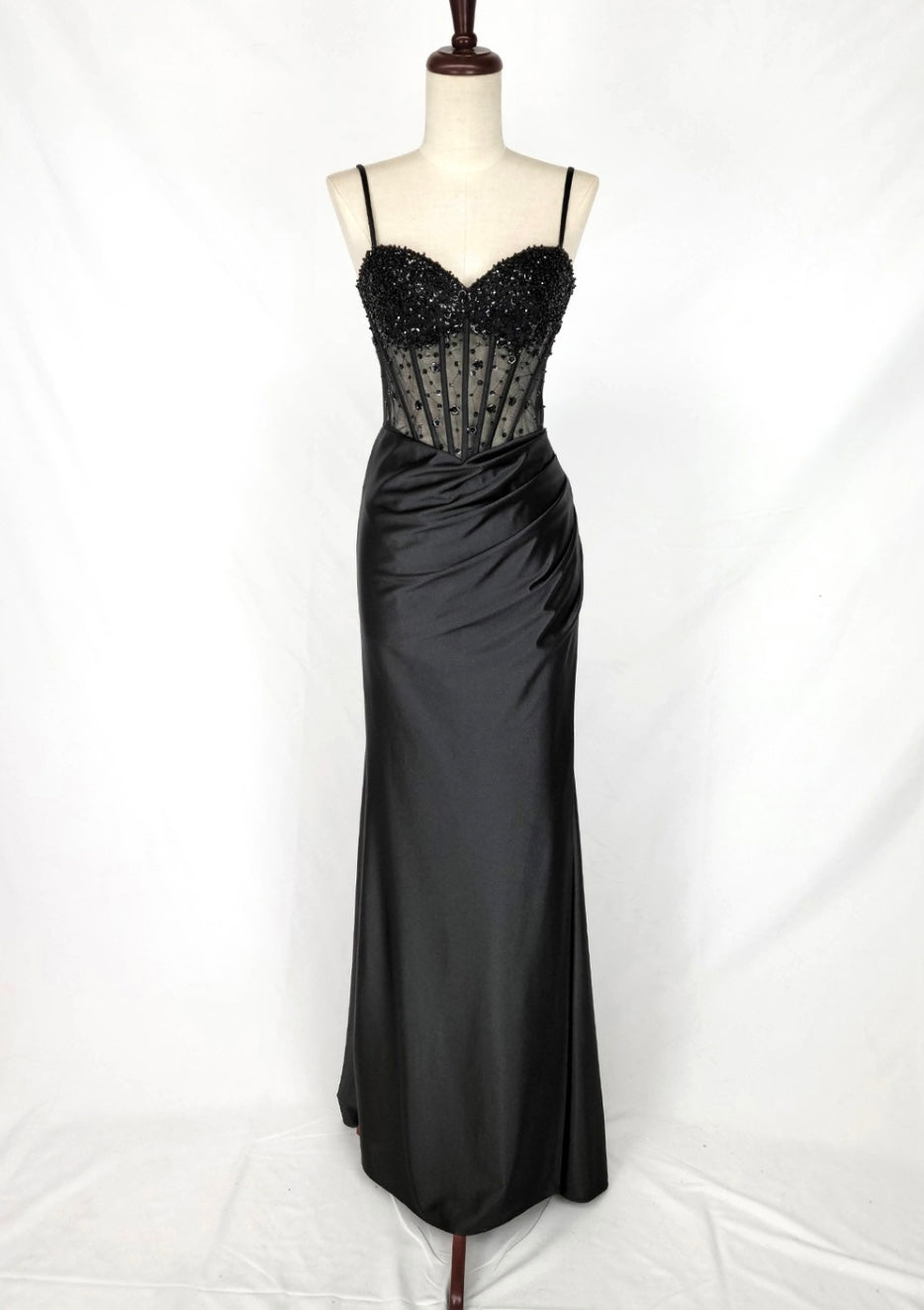 Chicas C361 Elegant Evening Black Spaghetti-Strap Floor-Length Corset Satin Dress
