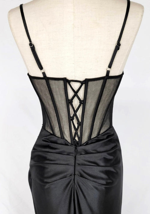 Chicas C361 Elegant Evening Black Spaghetti-Strap Floor-Length Corset Satin Dress