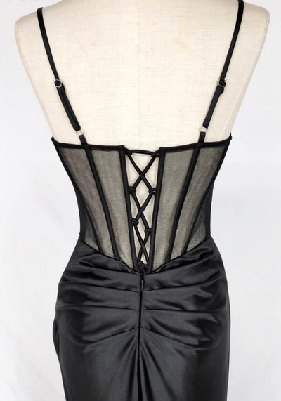 Chicas C361 Elegant Evening Black Spaghetti-Strap Floor-Length Corset Satin Dress