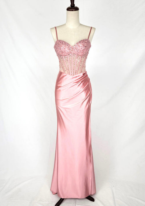 Chicas C361 Elegant Evening Black Spaghetti-Strap Floor-Length Corset Satin Dress