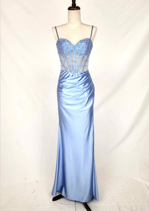 Chicas C361 Elegant Evening Black Spaghetti-Strap Floor-Length Corset Satin Dress