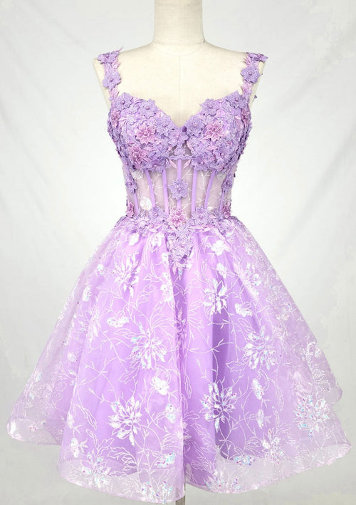 Chicas C352 Elegant Printed Lilac A-Line Floral Short Tulle Dress