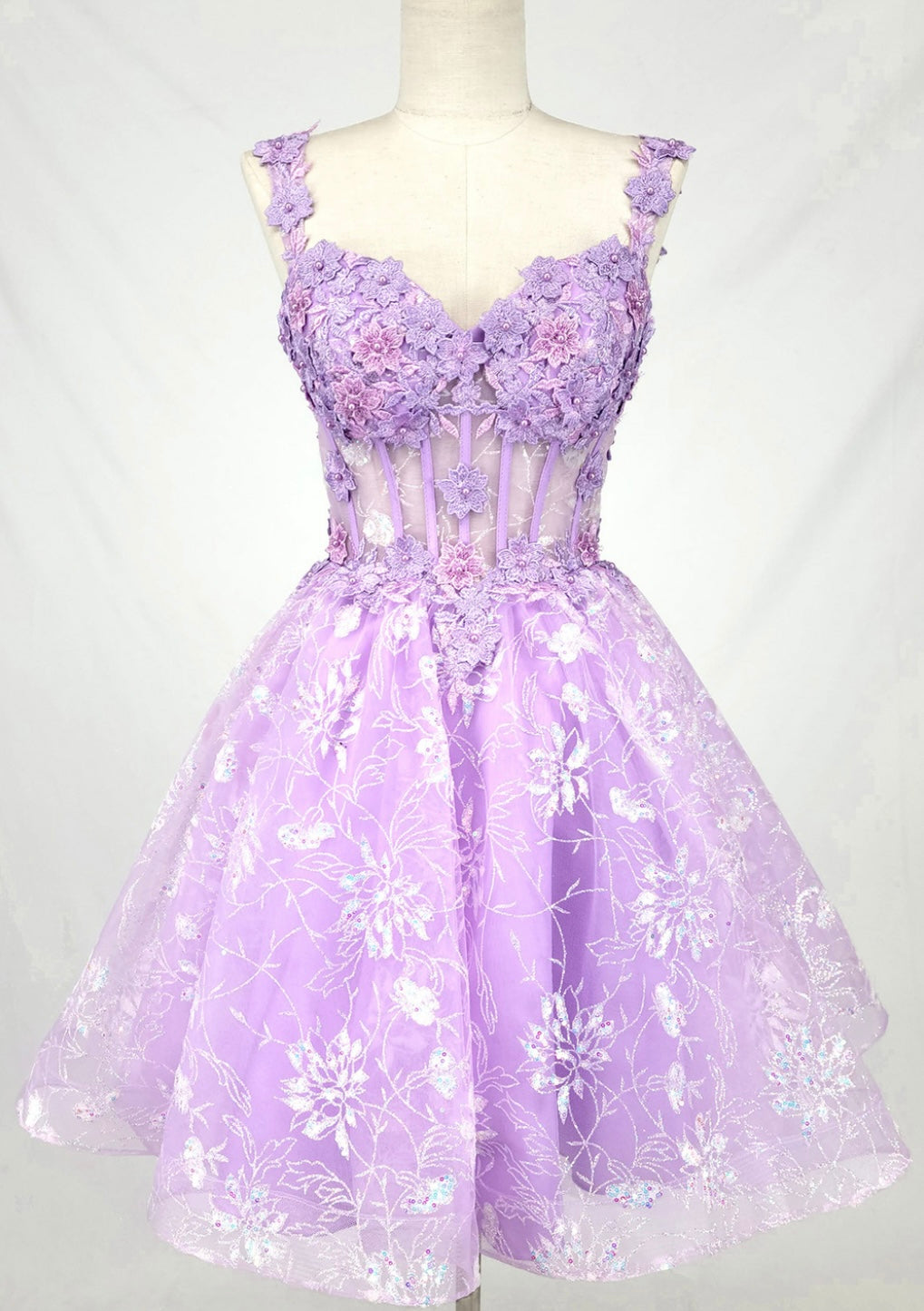 Chicas C352 Elegant Printed Lilac A-Line Floral Short Tulle Dress